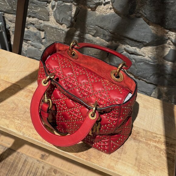 Christian Dior Red Leather Gold Studded Medium Lady Dior Bag - Picture 6 of 16